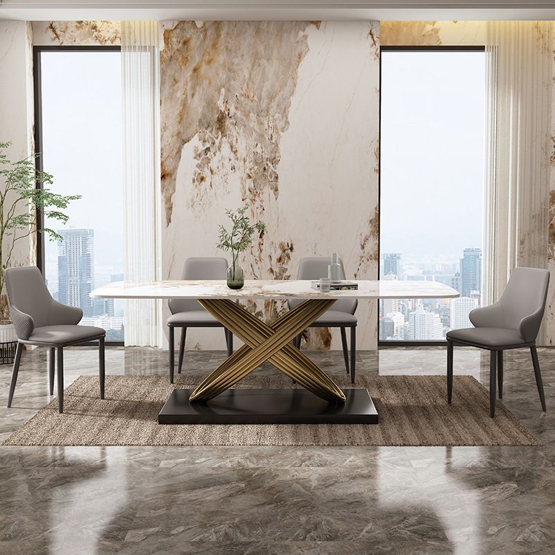 Mesa rectangular de piedra sinterizada de estilo industrial con patas de metal para uso doméstico