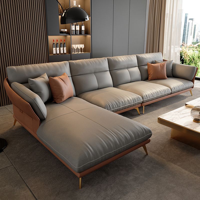 Light-grey Sewn Pillow Back Faux Leather Pillow Top Arm Sofa for Living Room Clearhalo 'furn' 'furn_sectionals' 'Furniture' 'furniture_sectionals' 'kitchen' 'kitchen_sectionals' 'Living Room Furniture' 'Sectionals' 1200x1200_e82711ba-31b0-47f4-af25-83f3d4e0ea6f