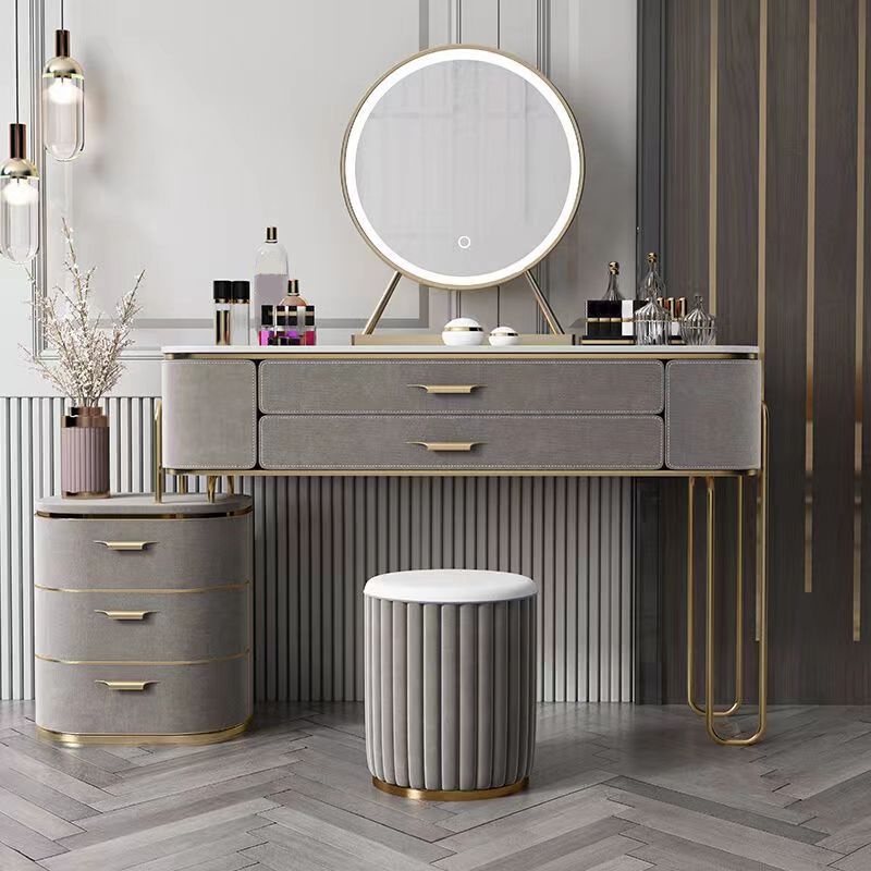 Gray Faux Leather Vanity 5 Drawers Vanity Set with Padded Stool