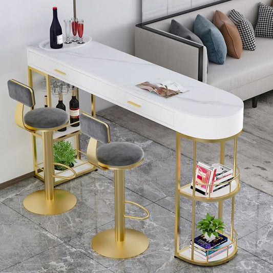 Glam White Marble Bar Dining Table Metal Double Pedestal Bistro Table with Drawer Clearhalo 'Bar Furniture' 'Bar Tables' 'bar_tables' 'furn' 'furn_bar_tables' 'Furniture' 'furniture_bar_tables' 'Kitchen & Dining Furniture' 'kitchen&dining_furn' 'kitchen' 1200x1200_e862ea7a-ad7c-4dde-9bf2-563d8dbf8854