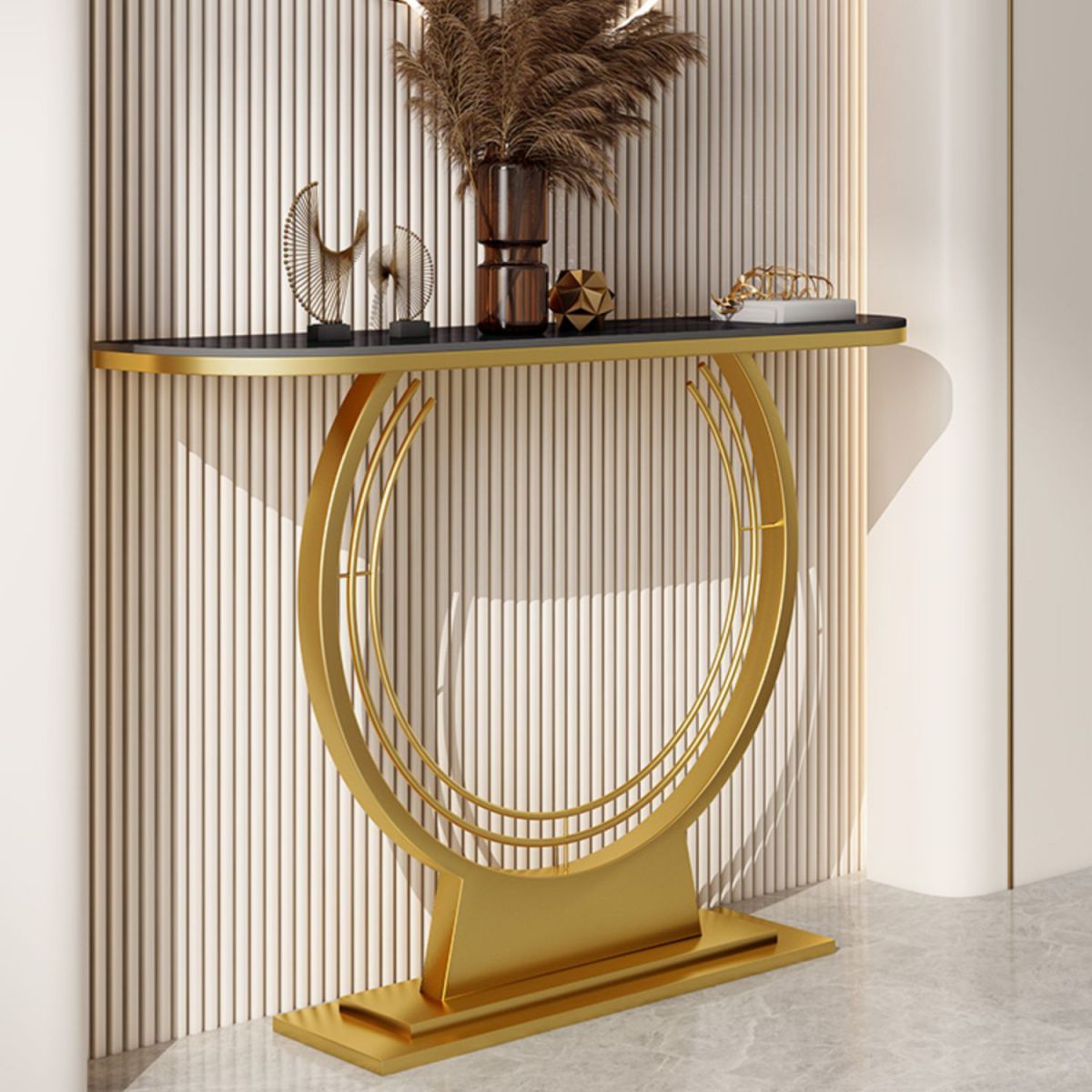 Tavolo da graffio di console in pietra larga 11,8 "con cornice di ferro d'oro