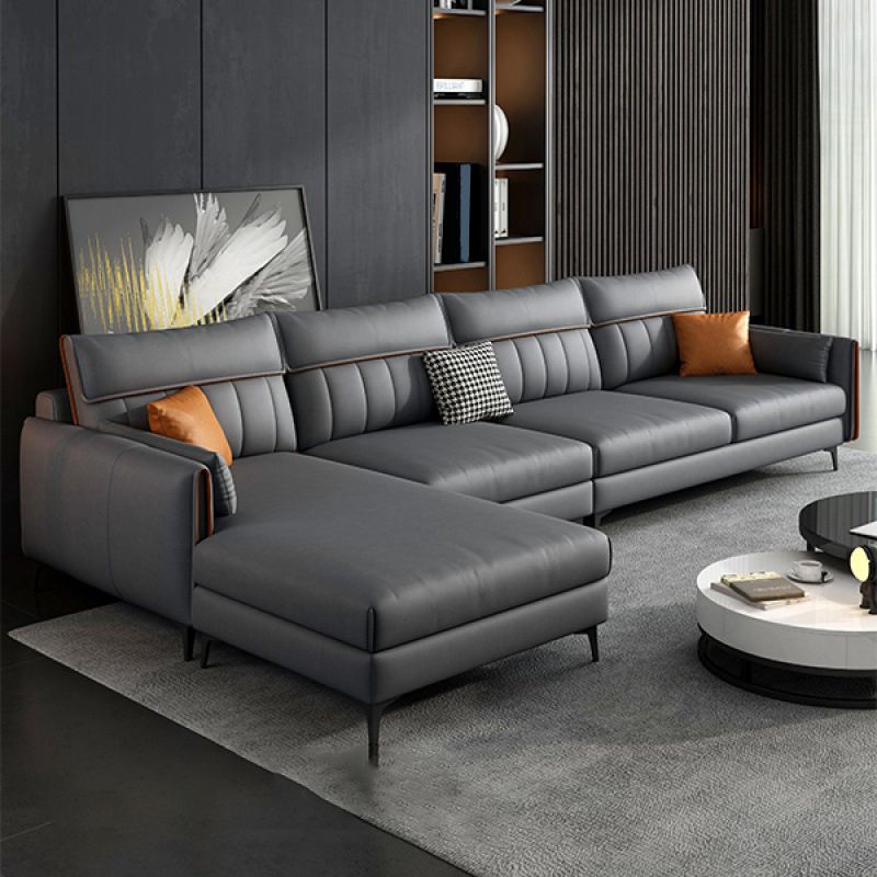 Sectional de cuero falso moderno con 4 almohadas para 4 personas