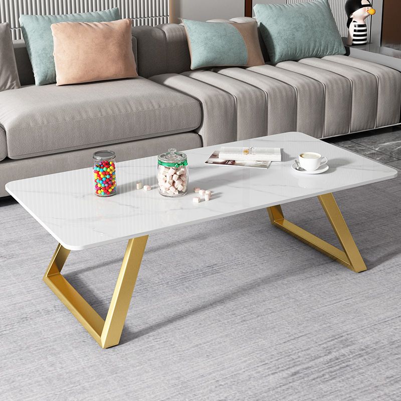 Glam Coffe Table with Rectangle Stone Top and Sled Iron Legs