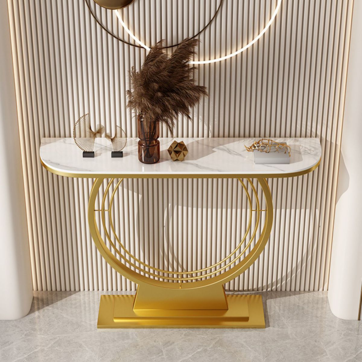 Tavolo da graffio di console in pietra larga 11,8 "con cornice di ferro d'oro