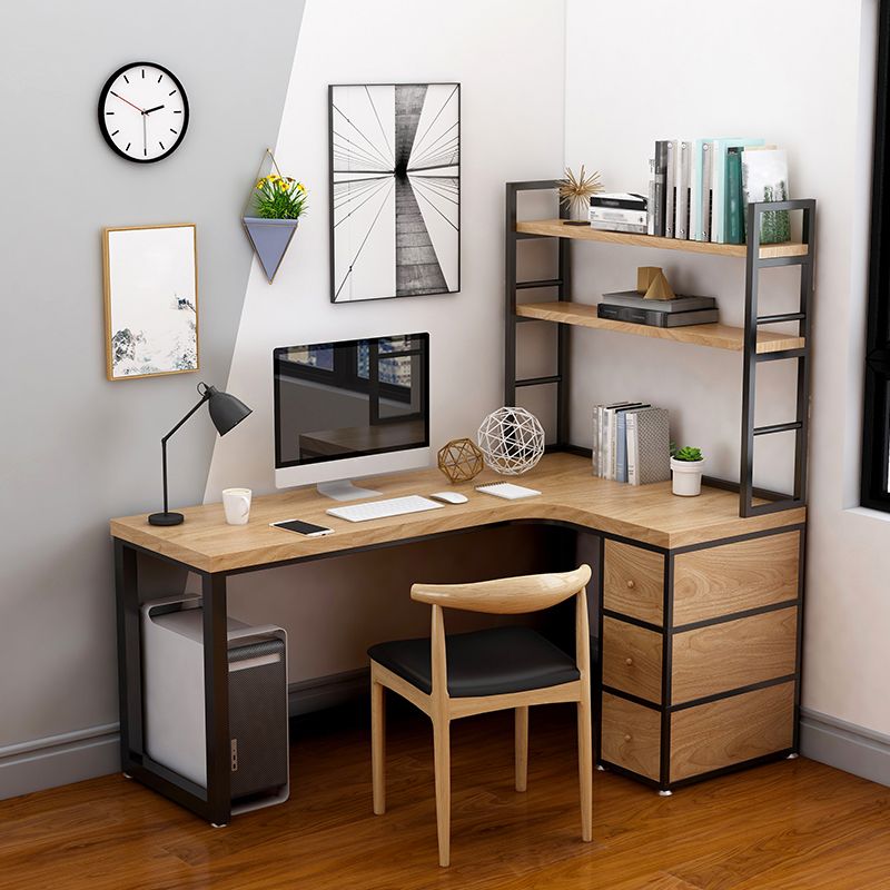 Corner Pine Wood Writing Desk Contemporary H-Shape Base Desk with Shelf Clearhalo 'furn' 'furn_office_desk' 'Furniture' 'Office Desks' 'Office Furniture' 'office_desk' 1200x1200_e8efcd92-e0f6-43ba-9aec-aadbc080b8d8