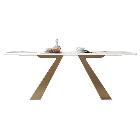 Traditional Luxury Rectangle Dining Room Table Sintered Stone Table with Gold Double Pedestal