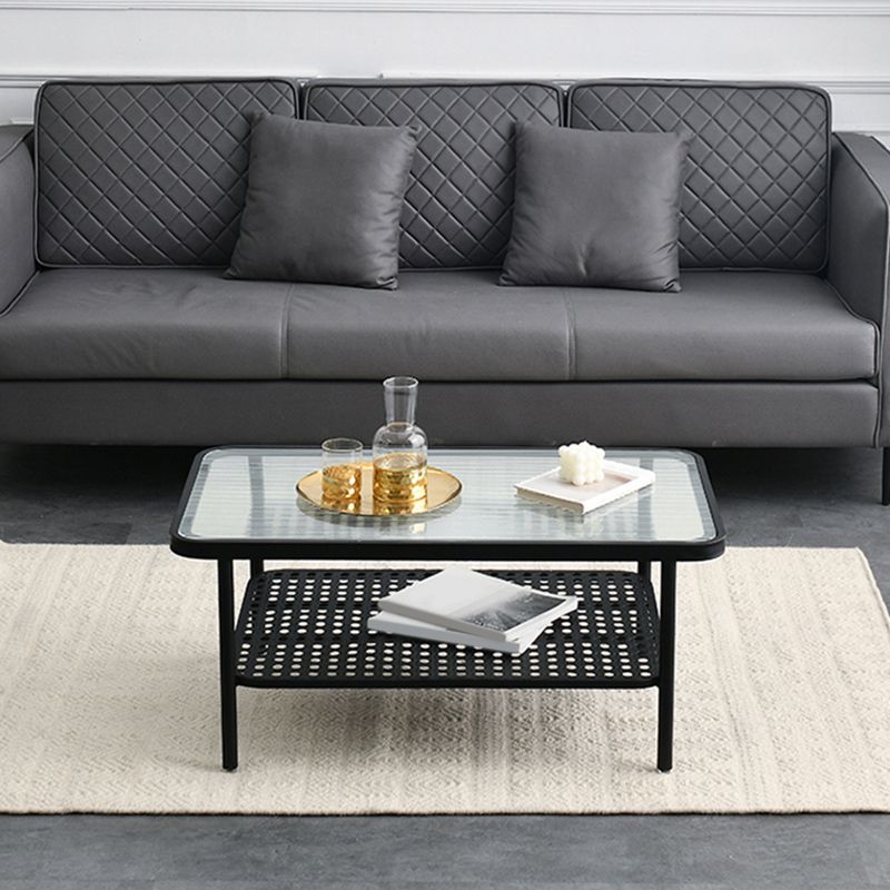 Four Legs Glass Coffee Table Shelf Included Geometric Single Cocktail Table Clearhalo 'Coffee & Accent Tables' 'Coffee Tables' 'coffee_tables' 'furn' 'furn_coffee_tables' 'Furniture' 'Living Room Furniture' 1200x1200_e901e59b-cdcc-442c-92b5-a49930b3f5d3