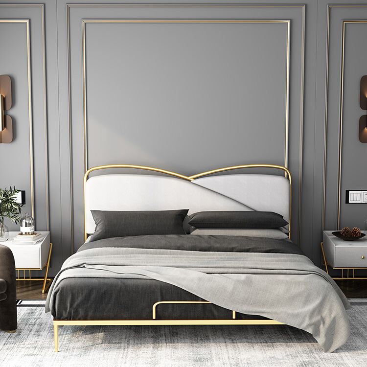 Luxurious Standard Bed in Gold Upholstered Low Profile Metal Bed