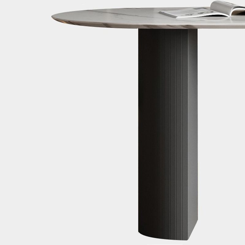 Mesa de comedor ovalada moderna, mesa de pedestal doble de acero negro con tapa de piedra sinterizada