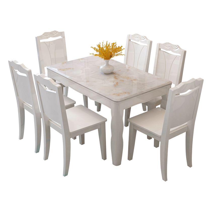 Contemporary Style Marble Dining Set with White Fixed Table and 4 Legs Base Clearhalo 'Dining Room Sets' 'Dining Tables & Seating' 'dining_room_set' 'furn' 'furn_dining_room_set' 'Furniture' 'furniture_dining_room_set' 'Kitchen & Dining Furniture' 'kitchen&dining_furn' 'kitchen' 1200x1200_e94ab048-c1bc-4fff-93ca-8b21dbb0c9a5