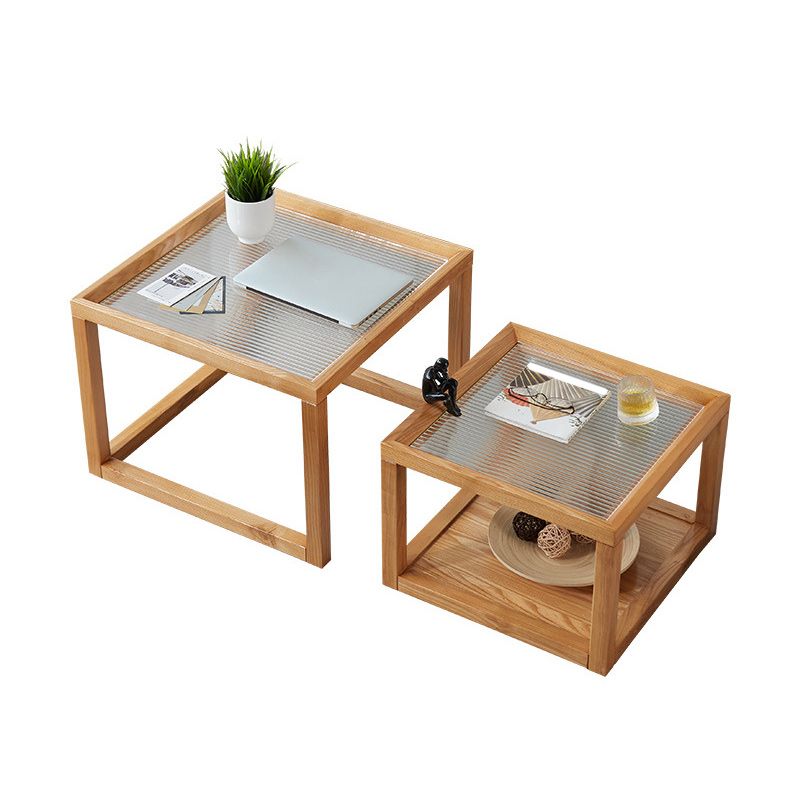Tavolino da caffè moderno con piano in vetro Tavolo da cocktail quadrato in legno naturale