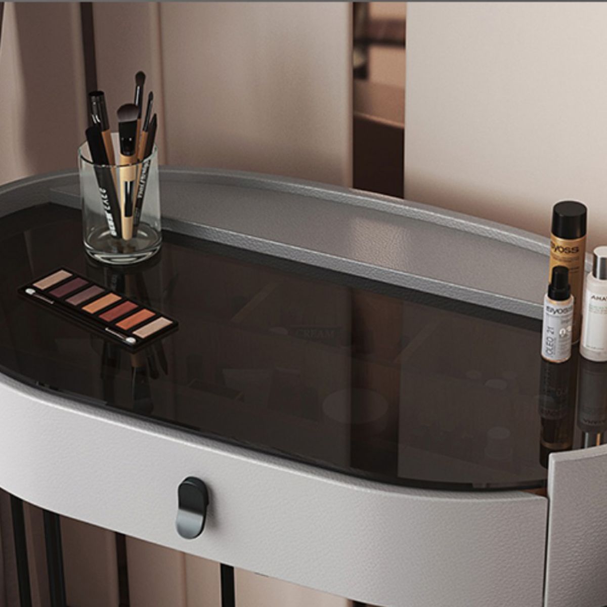 4 cassetti scrivania di vanità per trucco con top di vetro nero per camera da letto