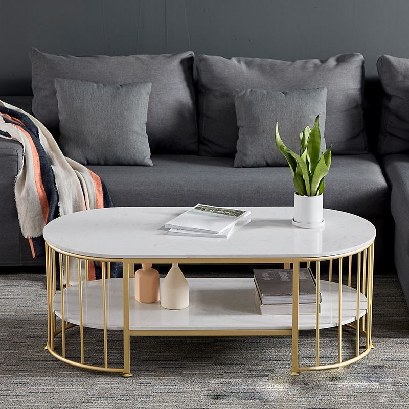 Glam Oval Coffee Table with Marble Top and Storage Shelf and Steel Base