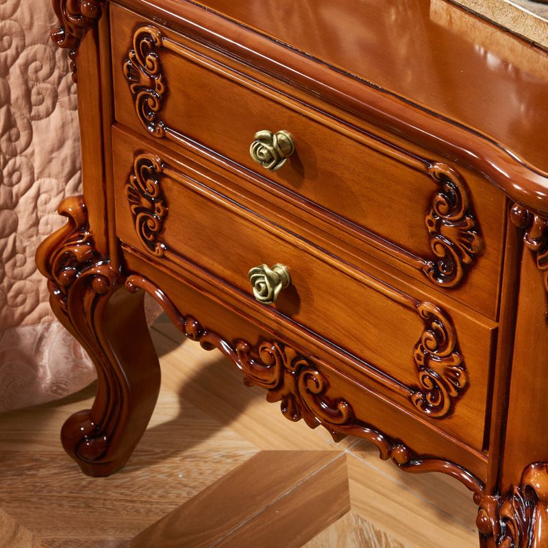 Mesa nocturna tradicional de madera roja Mesa de mesa con 2 cajones