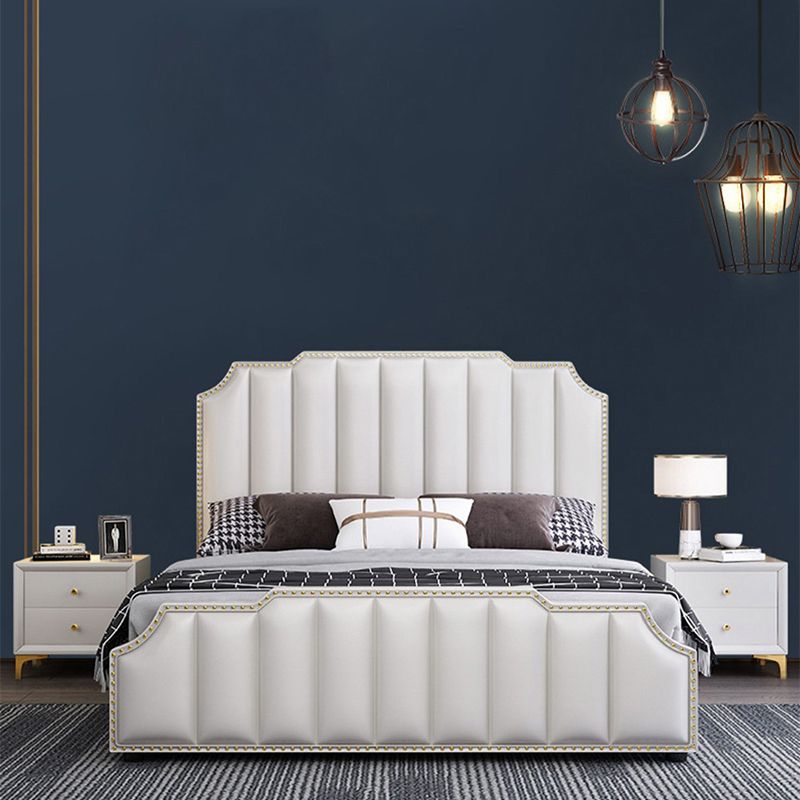 Luxurious Leather Bed Beige Upholstered Bed Frame with Nailhead Trim Clearhalo 'Bedroom Furniture' 'Beds' 'furn' 'furn_beds' 'Furniture' 1200x1200_e9d9f474-6854-44b7-adfe-037430ccaa4c