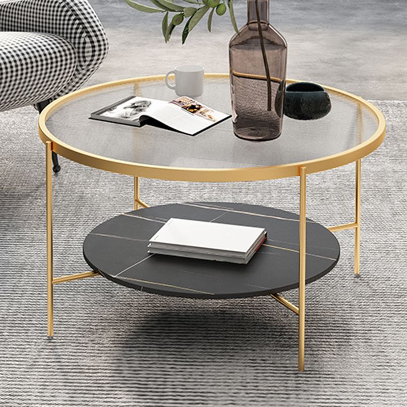 Modern Round Glass & Slate Coffee Cocktail Table with Storage Shelf
