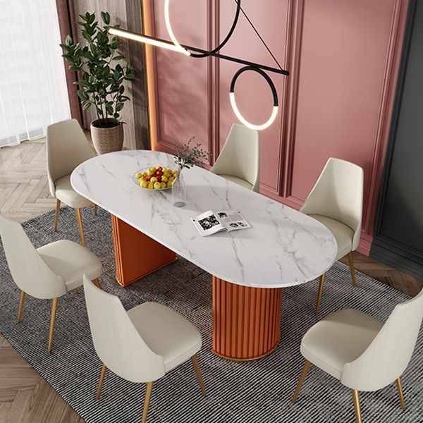 Oval Double Pedestal Luxury Dining Table Sintered Stone White Fixed Table for Restaurant Clearhalo ' dining_table' 'Dining Tables & Seating' 'Dining Tables' 'furn' 'furn_dining_table' 'Furniture' 'furniture_dining_table' 'Kitchen & Dining Furniture' 'kitchen&dining_furn' 'kitchen' 'kitchen_dining_table' 1200x1200_e9eaf86d-c97c-45ec-b0a0-9a7c5f9d5e94