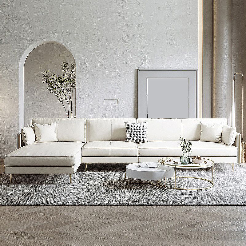 Recessed Arm Beige Cushion Back Sectional Stain-Resistant Genuine Leather Sofa Clearhalo 'furn' 'furn_sectionals' 'Furniture' 'furniture_sectionals' 'kitchen' 'kitchen_sectionals' 'Living Room Furniture' 'Sectionals' 1200x1200_e9ec28fc-3590-422a-8692-8c04d82795a3