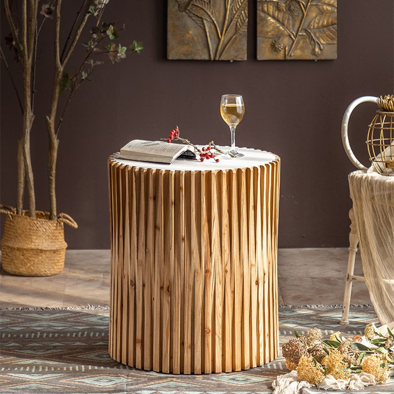 Rustic Drum Side Table Solid Wood Round End Table in Distressed Finish