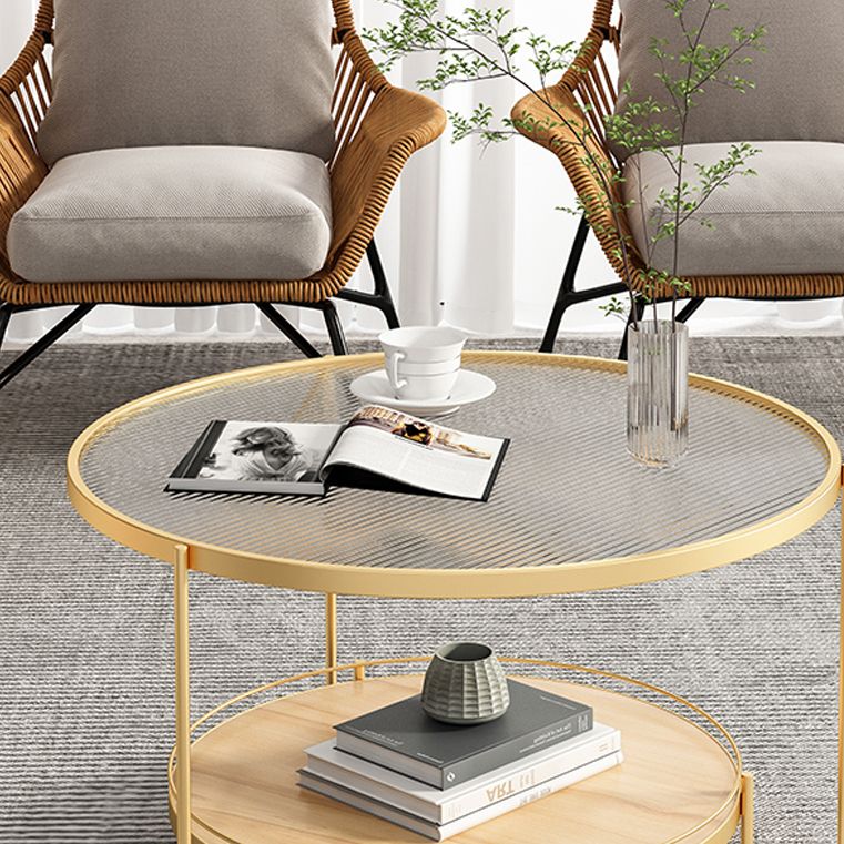 Table basse ronde en verre de 17,7 po de hauteur, table de cocktail à 3 pieds en fer avec étagère