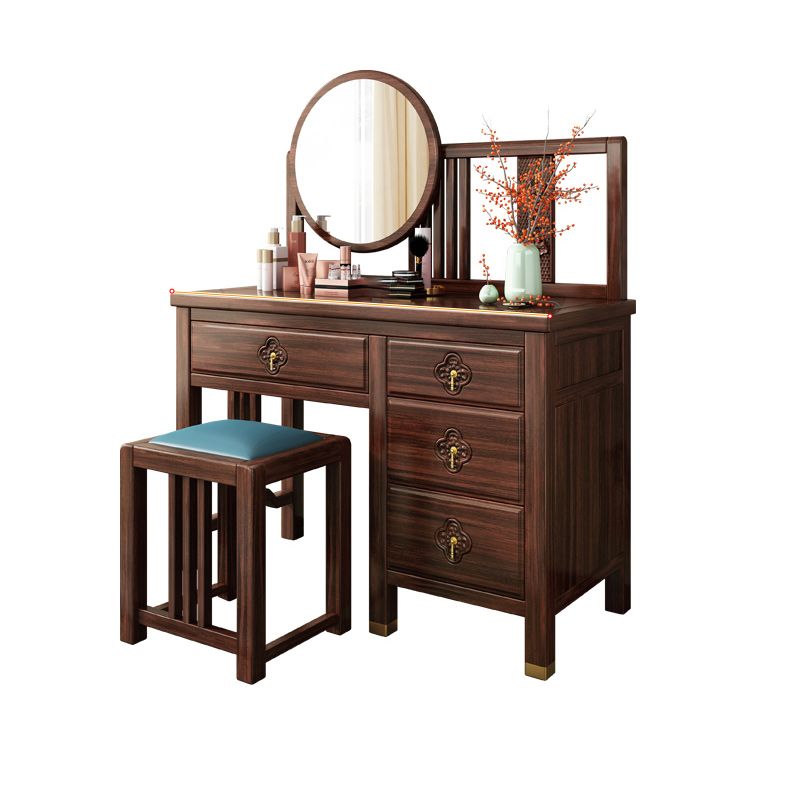 Traditional 4-Drawer Brown Solid Wood Dressing Table with Mirror Makeup Vanity Stool