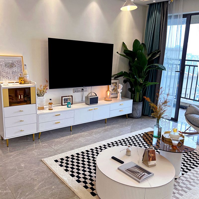 White Glam Style TV Stand Stone Enclosed Storage TV Cabinet with 4 Drawers Clearhalo 'furn' 'furn_tv_stands_entertainment_centers' 'Furniture' 'Living Room Furniture' 'TV Stands & Entertainment Centers' 'TV Stands & Media Storage Furniture' 'tv_stands_entertainment_centers' 1200x1200_ea492ca4-d4c8-49fa-98a2-5fd828cd6ea6