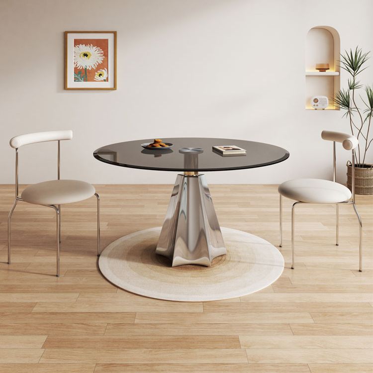 Modern Round Dining Table Glass Tabletop with Stainless Steel Pedestal Base
