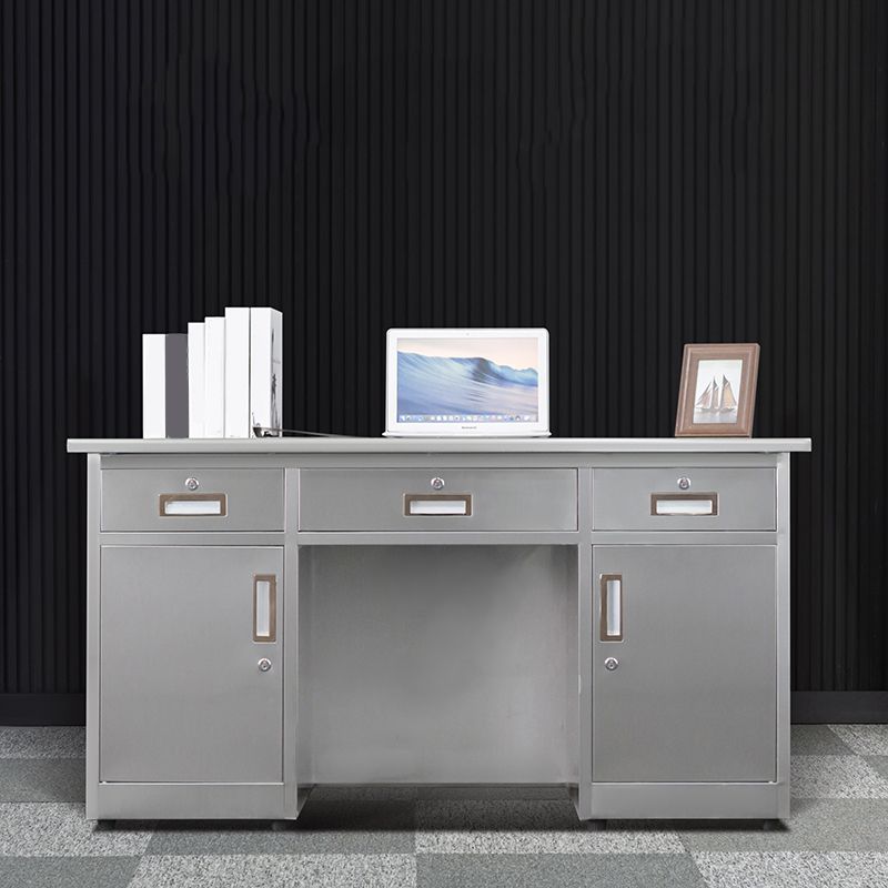Rectangular Shaped Silver Office Desk with 3/5 Drawers for Office Clearhalo 'furn' 'furn_office_desk' 'Furniture' 'Office Desks' 'Office Furniture' 'office_desk' 1200x1200_ea7f9f3b-3751-4a7c-ba59-95ea6b25a494