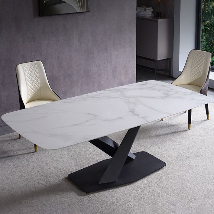 Contemporary Rectangle Dining Room Table Sintered Stone Table with Pedestal Base Clearhalo ' dining_table' 'Dining Tables & Seating' 'Dining Tables' 'furn' 'furn_dining_table' 'Furniture' 'furniture_dining_table' 'Kitchen & Dining Furniture' 'kitchen&dining_furn' 'kitchen' 'kitchen_dining_table' 1200x1200_ea87f94a-c382-4ebf-afa8-f8cf4121c564