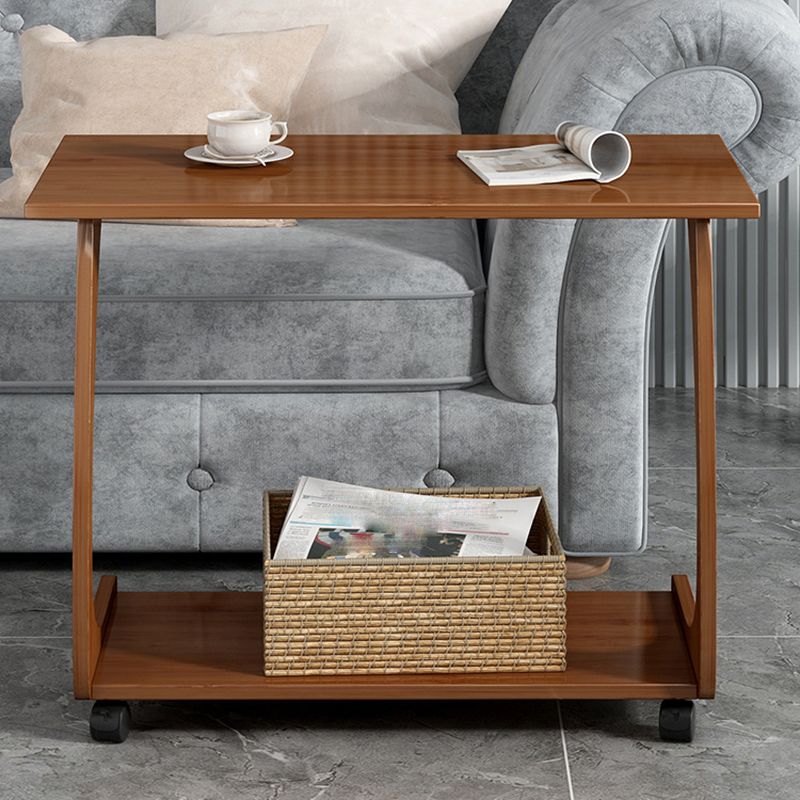 Bamboo Sofa Side Accent Table in Brown Modern 1 - Shelf End Table with Casters