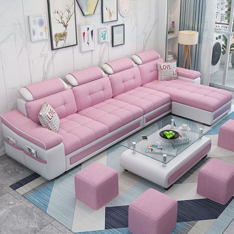 L-shape Faux Leather/Linen Blend Sectional Right Facing Sofa with Ottoman Included Clearhalo 'Furniture' 'furniture_sectionals' 'Living Room Furniture' 'Sectionals' 1200x1200_eacfa75f-bfea-4cbc-95e3-e9439e6cc141