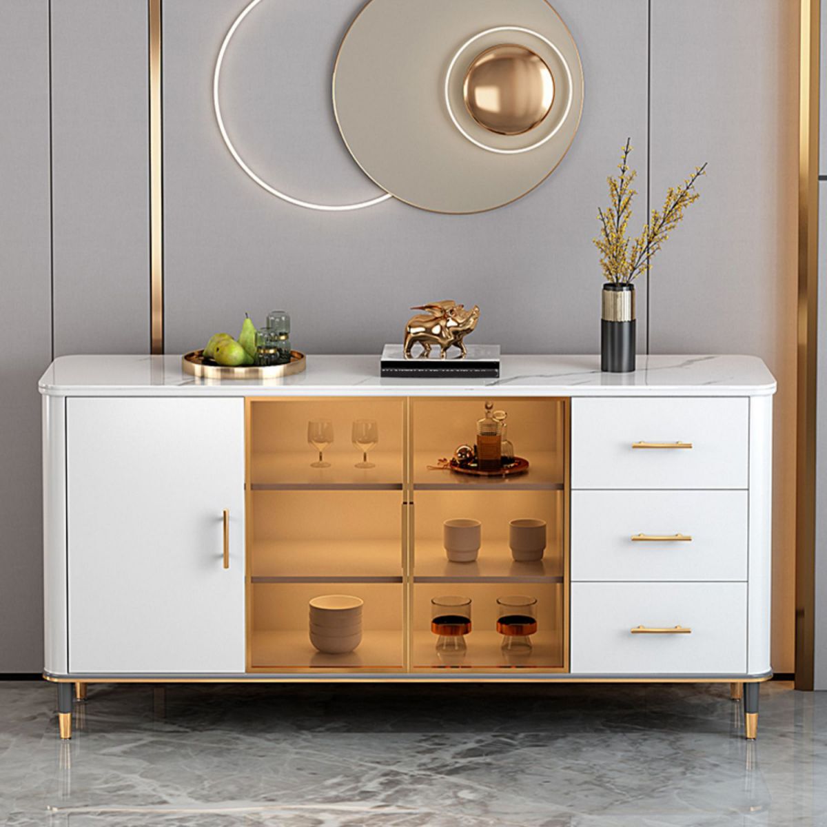 Glam Sideboard Stone Glass Doors Side Board with Cabinet and Drawers ...