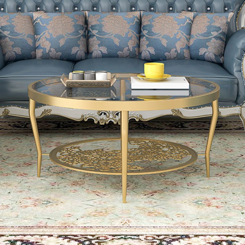Contemporary Round Glass Top Coffee Table with Iron 4 Legs and Shelf Clearhalo 'Coffee & Accent Tables' 'Coffee Tables' 'coffee_tables' 'furn' 'furn_coffee_tables' 'Furniture' 'Living Room Furniture' 1200x1200_eb184d2d-e022-428b-80b0-d43a3a2c43c5