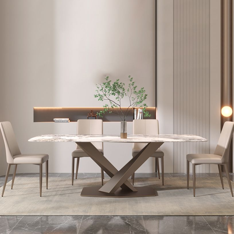 椅子付きの現代的な長方形の焼結された石のトップメタルベースダイニングテーブル