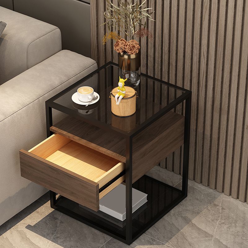 Tableau supérieur en verre carré / pierre 21.26 "Table d'appoint à 1 tirage de haut avec étagère de rangement