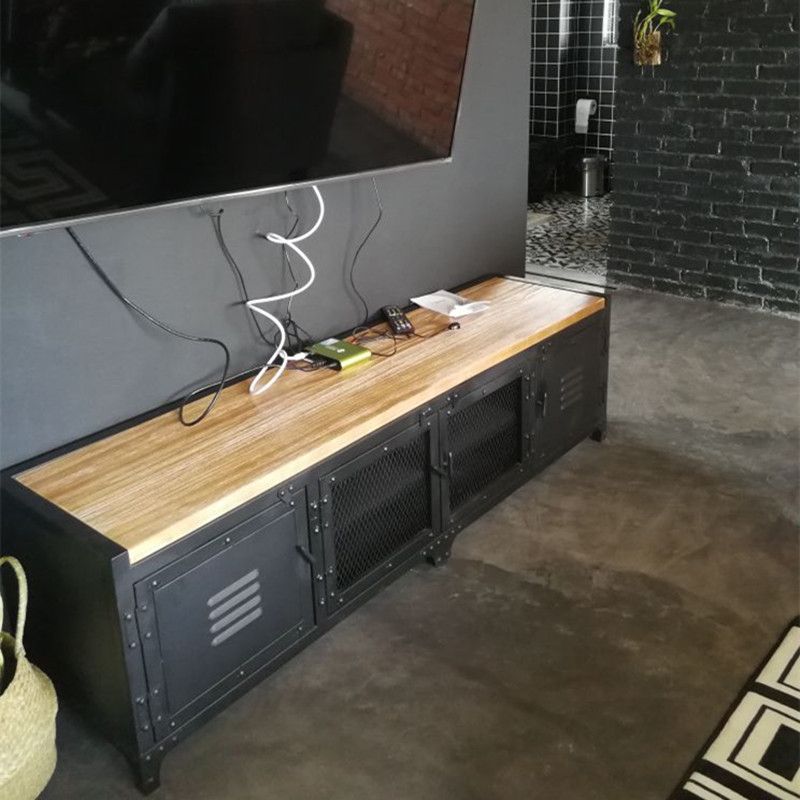 Industrial18 "H TVスタンド、保管、無地の木材、不良鉄テレビコンソール付き