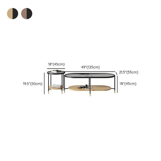 Mesa de café de vidrio ovalada / redonda moderna Iron 4 patas Mesa de cóctel con estante