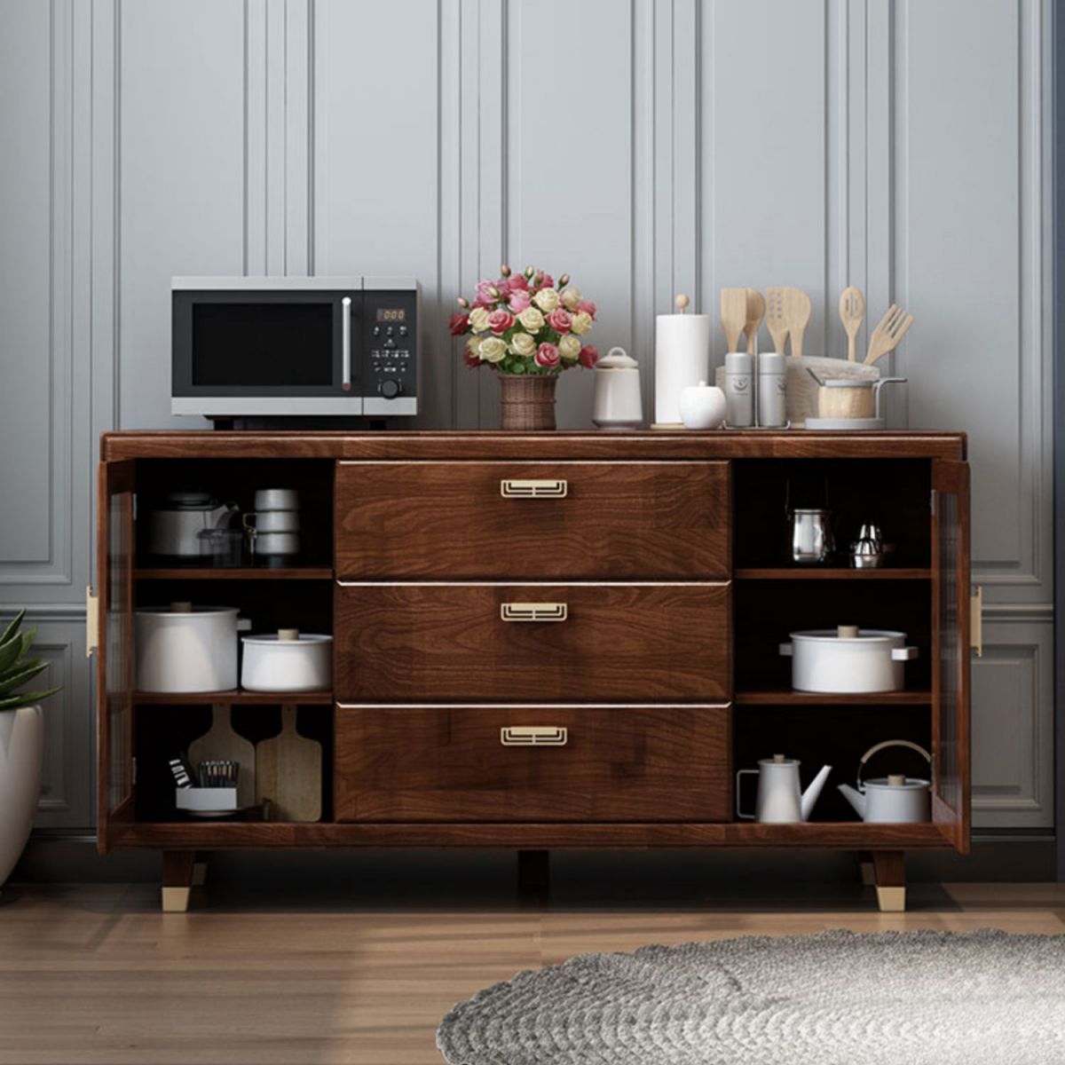 Modern Rubberwood Solid Wood Sideboard 34.5" H Brown Credenza for Dining Room Clearhalo 'buffet_sideboard' 'Buffets & Sideboards' 'Furniture' 'furniture_buffet_sideboard' 'Kitchen & Dining Furniture' 1200x1200_eb4a9451-815a-4e5c-88e4-95c6f4a6062e