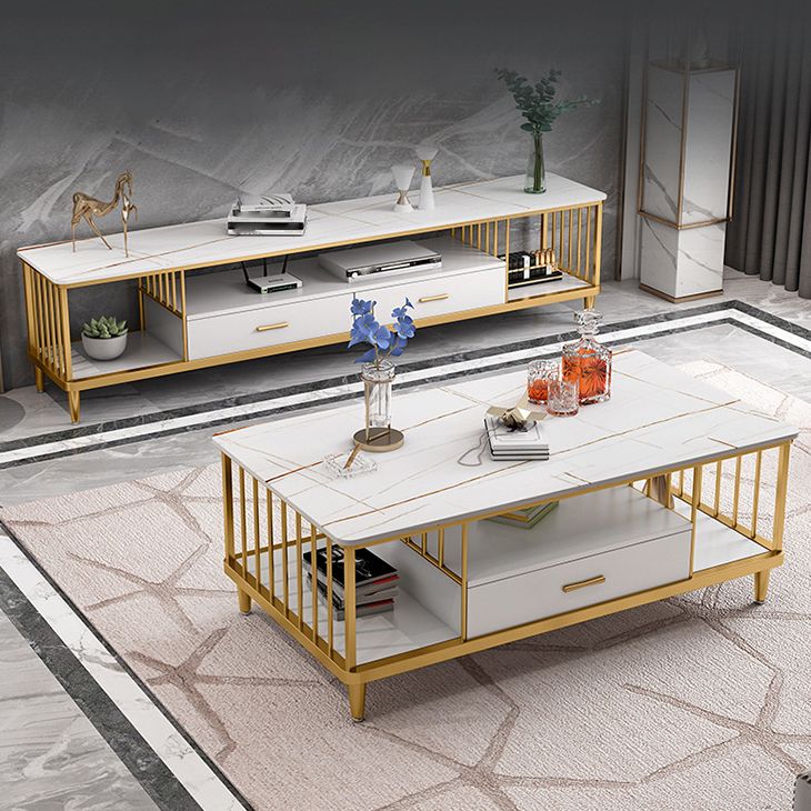 Glam Style Stone TV Stand 2 Drawers Home TV Cabinet with Shelves