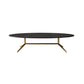 Mesa de centro estilo Glam con tapa de piedra ovalada y base de caballete de acero