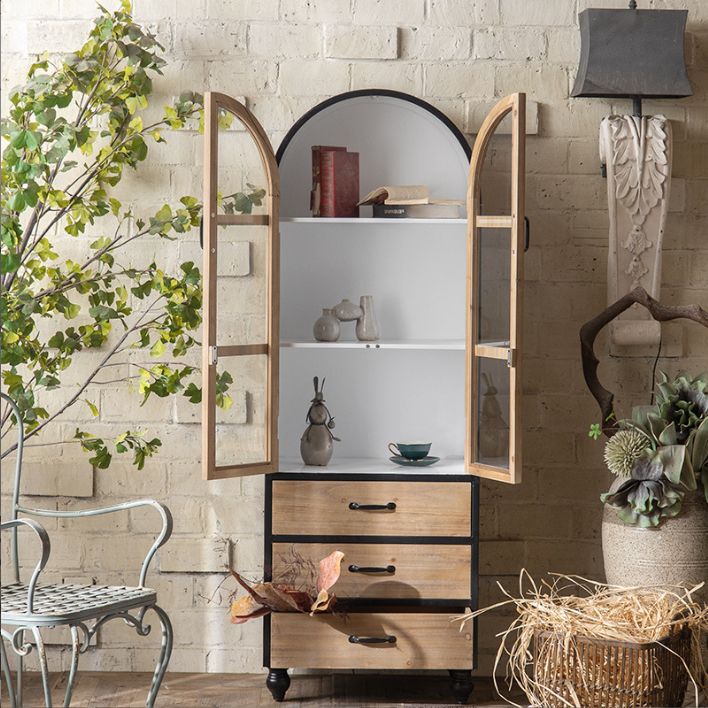 Industrial Style Solid Wood Chest Glass Paned Distressed Accent Cabinet