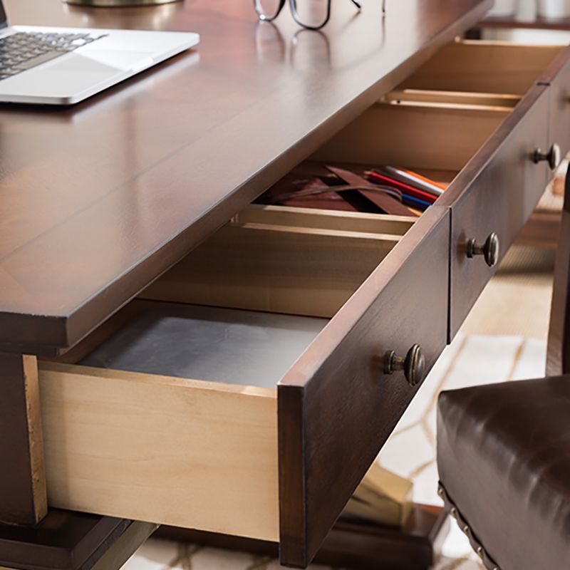 Brown 3-drawer Executive Desk Rectangular with Wooden Legs Office Desk