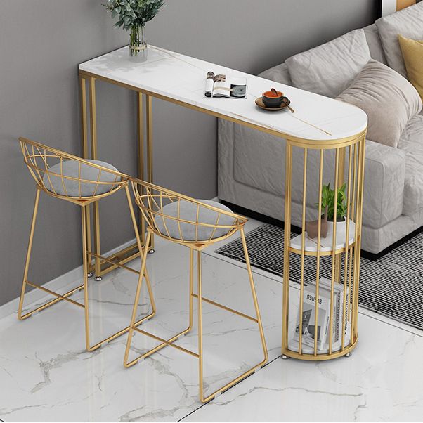 Glam White Stone Pub Bar Table Indoor Iron Double Pedestal Bar Dining Table with 2-Shelf Clearhalo 'Bar Furniture' 'Bar Tables' 'bar_tables' 'furn' 'furn_bar_tables' 'Furniture' 'furniture_bar_tables' 'Kitchen & Dining Furniture' 1200x1200_eb9b4720-5a16-413e-897a-cf412633bab4