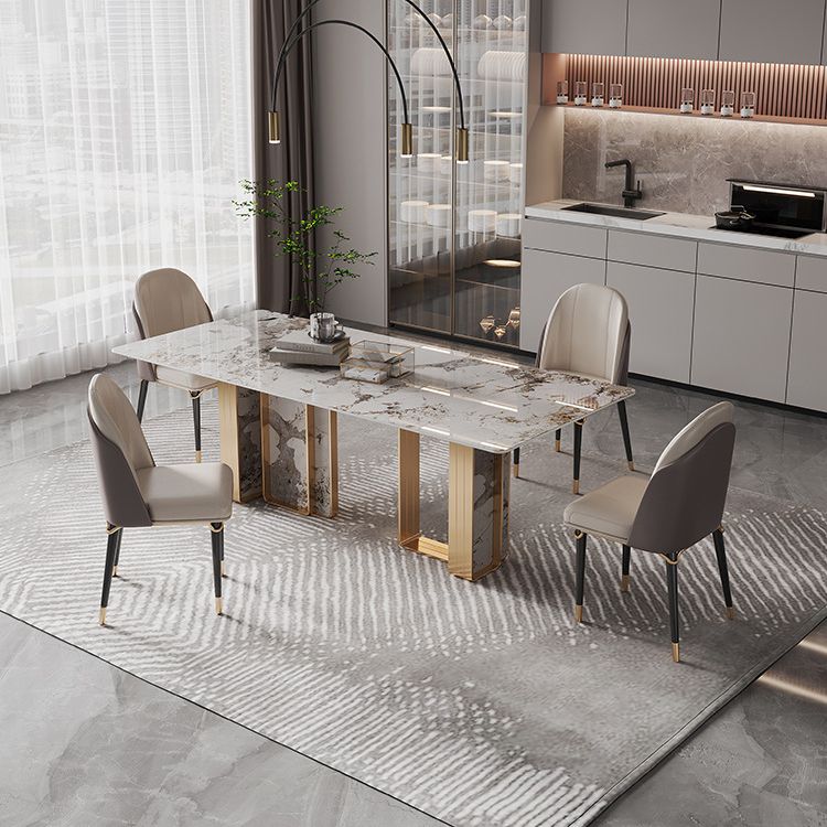 1/4/5/9 Pieces Rectangle Glam Furniture Stone Dining Table Set with Double Pedestal Base Clearhalo 'Dining Room Sets' 'Dining Tables & Seating' 'dining_room_set' 'furn' 'furn_dining_room_set' 'Furniture' 'furniture_dining_room_set' 'Kitchen & Dining Furniture' 'kitchen&dining_furn' 'kitchen' 1200x1200_ebd6c336-11c7-44b5-a8a6-e18beeb8109b