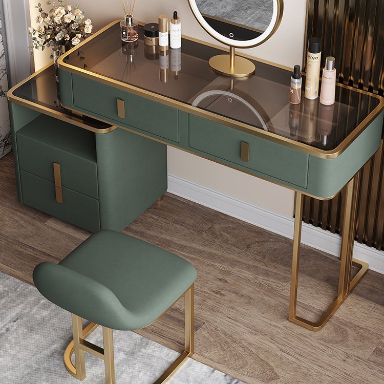 Glass Top Dressing Table Solid Wood Green Make-up Vanity with Drawers
