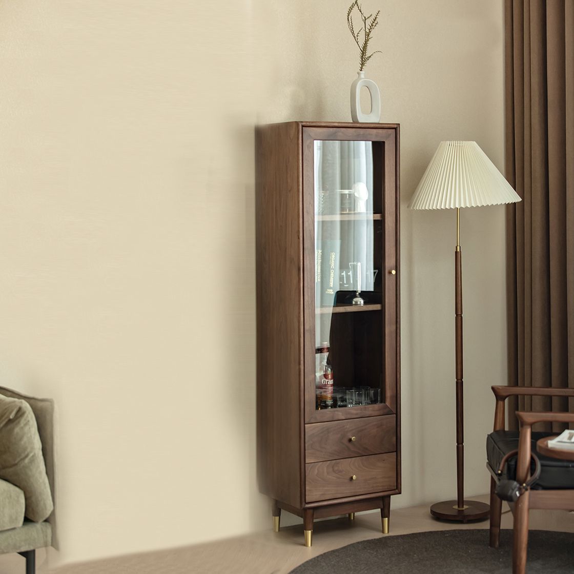 66.9" Tall 2-Drawer Accent Cabinet Solid Wood Glass Paned Side Cabinet in Walnut Brown Clearhalo 'Cabinets & Chests' 'cabinets_chests' 'furn' 'furn_cabinets_chests' 'Furniture' 'Living Room Furniture' 1200x1200_ebf8024b-34af-43cc-a2c2-e52ae996830e