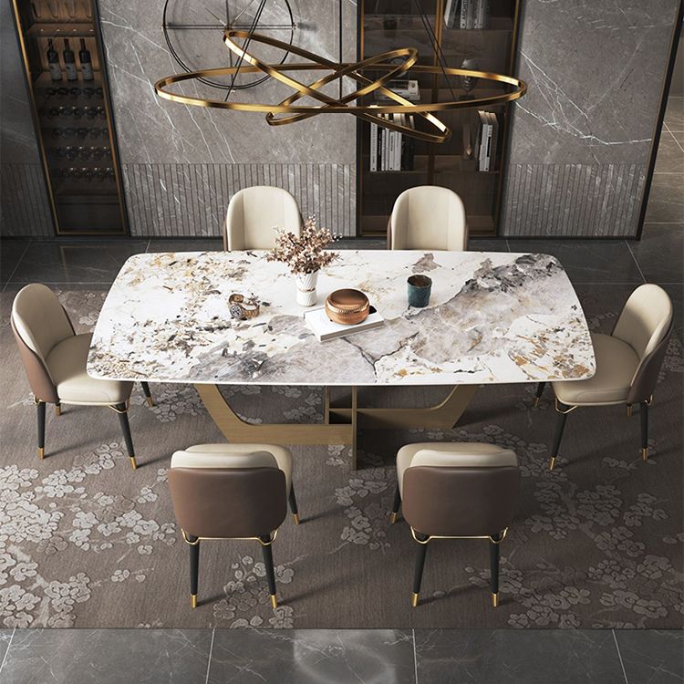 Minimalist Style Sintered Stone Dining Table with Rectangle Shape Fixed Table and Trestle Base Clearhalo 'Dining Room Sets' 'Dining Tables & Seating' 'dining_room_set' 'furn' 'furn_dining_room_set' 'Furniture' 'furniture_dining_room_set' 'Kitchen & Dining Furniture' 'kitchen&dining_furn' 'kitchen' 1200x1200_ebfbae93-6fdb-450e-b3c3-5b4704dc1be7