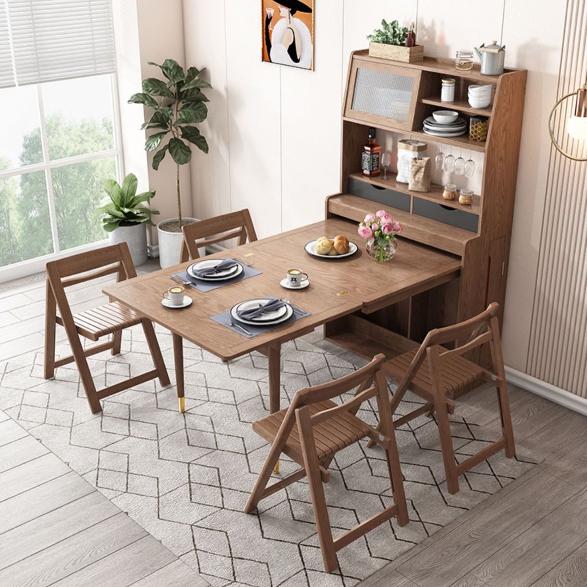Mesa de comedor con estructura de madera maciza, mesa de comedor plegable rectangular con almacenamiento
