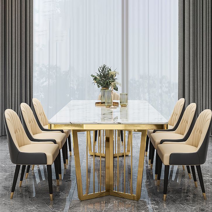 Minimalist Style Sintered Stone Dining Table with Fixed Table and Double Pedestal Base Clearhalo 'Dining Room Sets' 'Dining Tables & Seating' 'dining_room_set' 'furn' 'furn_dining_room_set' 'Furniture' 'furniture_dining_room_set' 'Kitchen & Dining Furniture' 'kitchen&dining_furn' 'kitchen' 1200x1200_ec348b58-2b76-4d15-ac57-57ceccdeb5a7