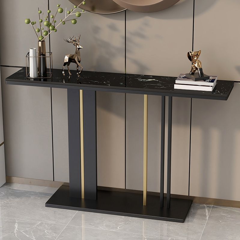 Mesa de consola superior de mármol moderna con tapa rectangular y base de pedestal